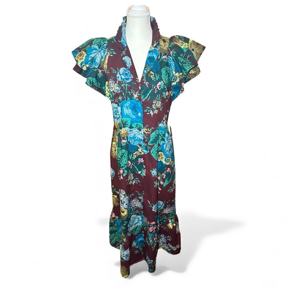 Tuckernuck Alice Verdant Floral Midi Dress NWT Small Oxblood Ruffle Sleeve - Picture 3 of 14